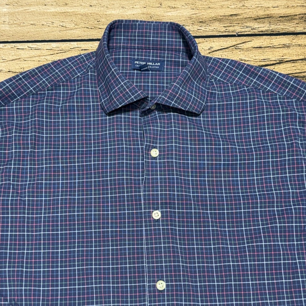Peter Millar Crown Crafted Shirt Mens L Blue Pink Plaid Performance Long Sleeve - Picture 2 of 6